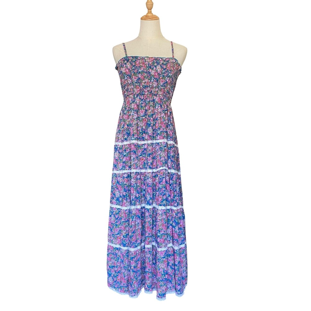 Vintage Contempo Women Floral Smocked Tiered Maxi Dress S Multicolor Lace Trim